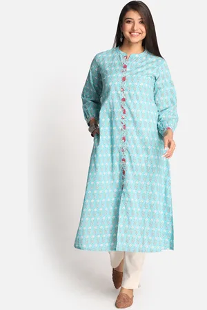 EarthWear Women Turquoise Blue Ethnic Motifs Gotta Patti Kurta