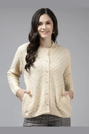 Cayman Women Beige Cable Knit Woollen Cardigan