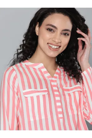 Mast & Harbour Women Coral Pink & White Candy Stripes Shirt Style Top