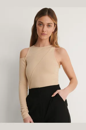 NA-KD Women Beige Solid Cold-Shoulder Top