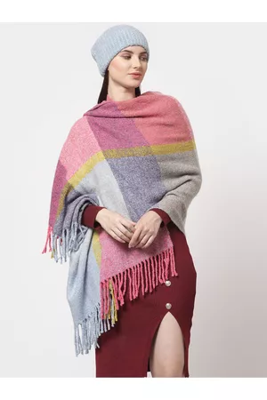 513 Clothing Women Blue & Grey Checked Stole With Beanie