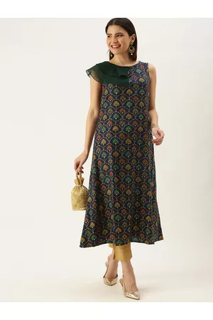 Ethnovog Made To Measure Women Navy Blue Ethnic Motifs Embroidered Thread Work Kurta