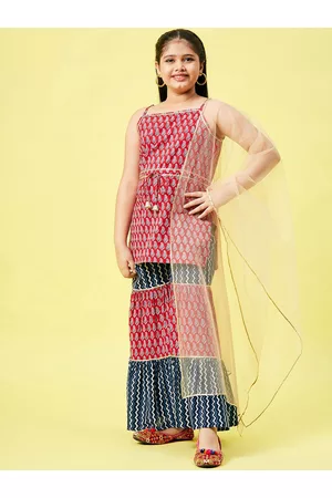 Stylo Bug Girls Red Printed Pure Cotton Kurta with Sharara & With Dupatta