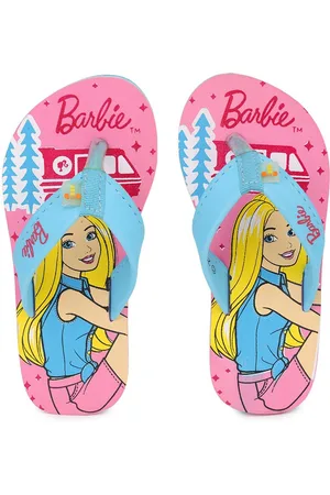 toothless Girls Pink & Blue Barbie Printed Rubber Thong Flip-Flops