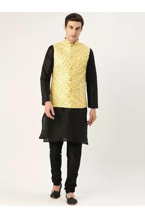 SOJANYA Men Black & Yellow Solid Kurta & Churidar with Embroidered Nehru Jacket