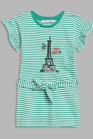 Elle Green Striped Drop-Waist Dress