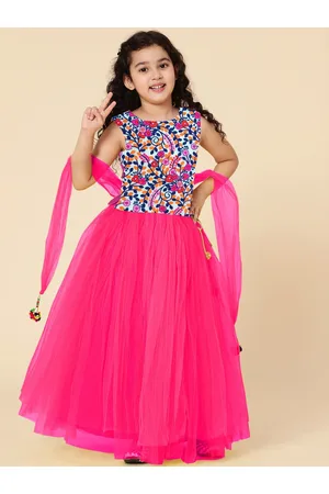A.T.U.N. A T U N Girls Fuchsia & Navy Blue Embroidered Ready to Wear Lehenga & Blouse With Dupatta
