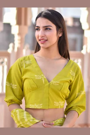 Chidiyaa Women Green & White Printed Pure Cotton Saree Blouse