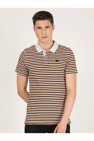 Lee Men Grey Striped Polo Collar Applique Slim Fit T-shirt
