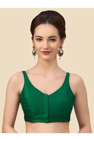 neckbook Women Green Solid Raw-Silk Padded Saree Blouse