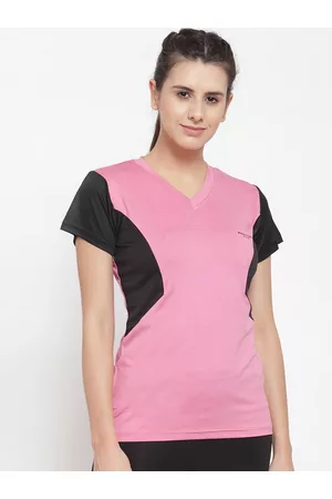 Boston Club Women Pink & Black Colourblocked V-Neck T-shirt