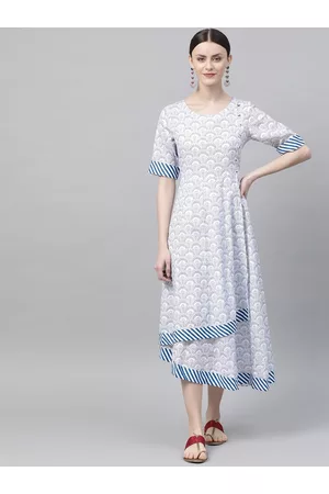 Rangriti Women White & Navy Blue Layered Printed A-Line Dress