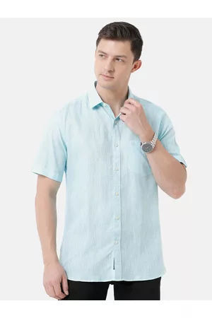 Linen Club Men Turquoise Blue Solid Sustainable Casual Regular Fit Linen Shirt