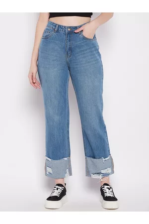 MADAME Women Blue Low Distress Light Fade Jeans
