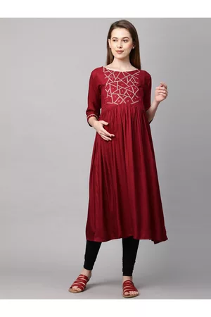 MomToBe Women Maroon Ethnic Motifs Maternity Nursing Sustainable Kurta