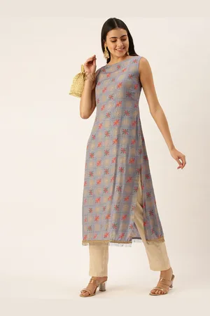 Ethnovog Women Blue Beige Ethnic Motifs Foil Print Made To Measure Kurta Trousers