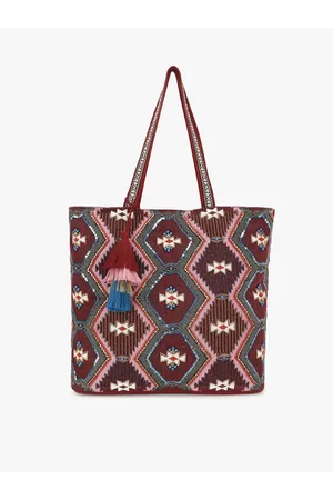 Anekaant Maroon Embellished Shopper Tote Bag with Tasselled