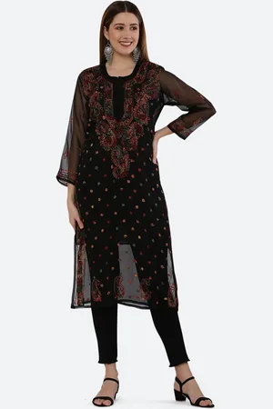 FAWOMENT Women Black & Red Chikankari Embroidered Georgette Kurta