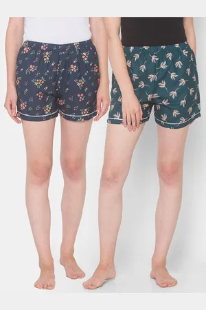 FashionRack Women Pack of 2 Navy Blue & Green Printed Cotton Lounge Shorts