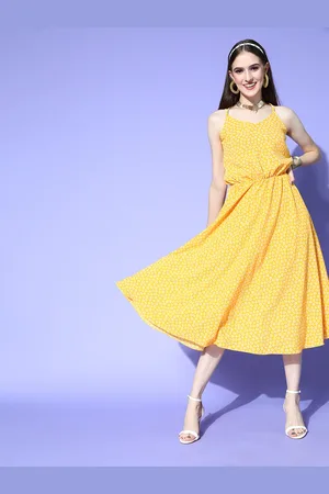 Kvsfab Women Lovely Mustard Floral Off My Back Dress