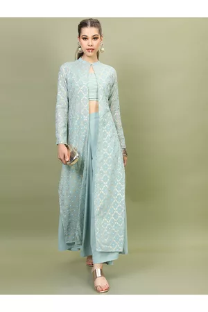 Vishudh Women Sea Green Embroidered Layered Top With Palazzos And Jacket