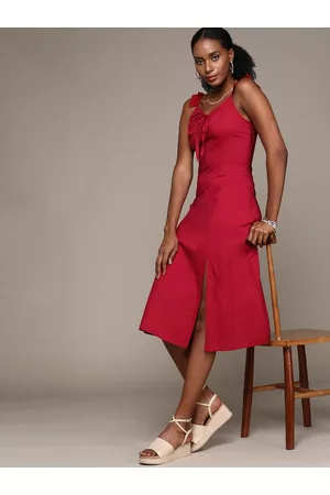Bebe Women True Red Glow Holiday A-Line Midi Dress with Side Slit
