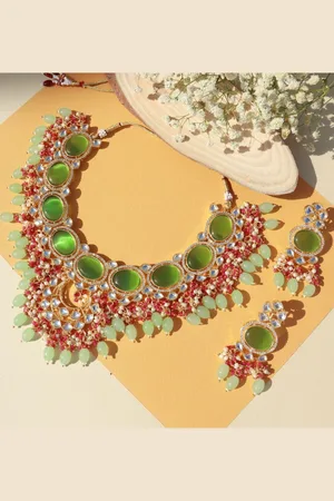 I Jewels Green & Red Gold & Silver Plated Stone Studded Jewellery Set