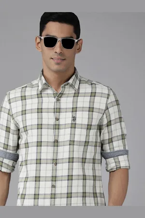 Ralph Lauren Men Off White & Olive Green Slim Fit Checked Cotton Casual Shirt