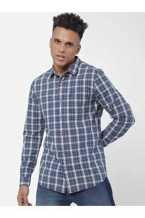 Lee Men Blue & White Slim Fit Tartan Checked Casual Shirt