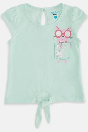 Pantaloons Girls Sea Green Placement Print Cotton Top