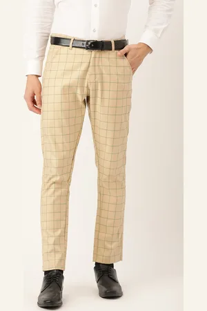 SOJANYA Men Beige & Green Checked Smart Fit Formal Trousers