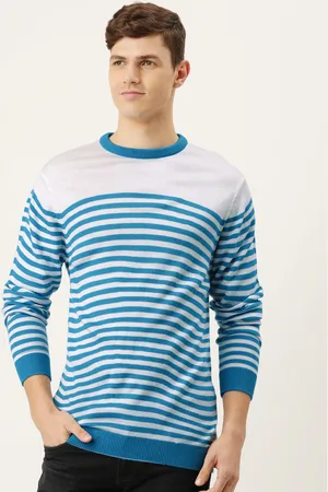 Peter England Men Blue & White Striped Pure Acrylic Pullover Sweater