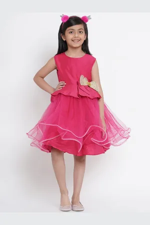 Bhama Girls Fuchsia Pink Embellished Fit and Flare Net Dress