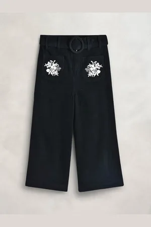 Cherry Crumble Girls Black Floral Embroidered Corduroy Trousers