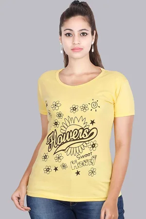 Fleximaa Women Yellow Typography Printed T-shirt