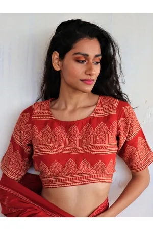 Chidiyaa Women Red Printed Cotton Saree Blouse