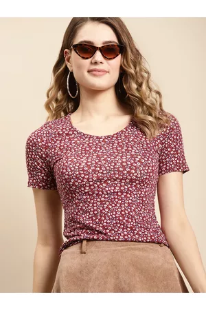 COVER STORY Women Red Ditsy Floral Printed Cotton Spandex T-shirt