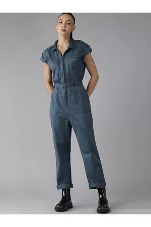 Roadster Women Teal Blue Solid Boiler Jumpsuit With Fabric Belt