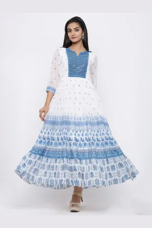 Juniper Women Blue & White Printed Embroidered Maxi Dress