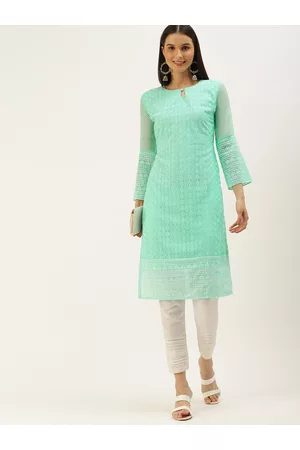 SWAGG INDIA Women Sea Green Ethnic Motifs Embroidered Keyhole Neck Chikankari Georgette Kurta