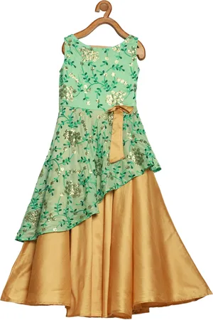 Ethnovog Girls Sea Green Embroidered Layered Maxi Dress