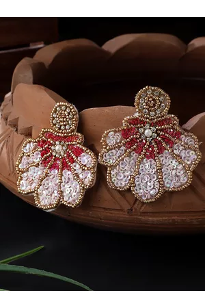 Cardinal Red & White Floral Shape Drop Sequinn Earrings