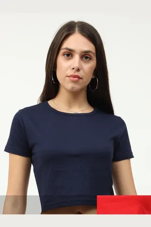 Fleximaa Women Pack of 2 Navy Blue & Red Round Neck Crop Pure Cotton Top