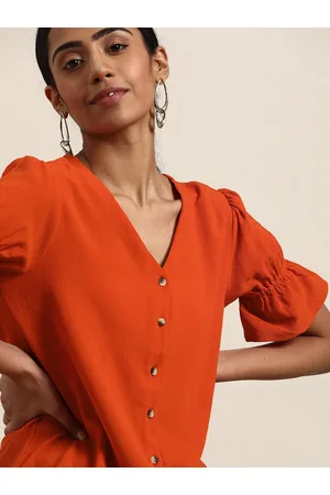 all about you Women Rust Orange V-Neck Bell Sleeves Top