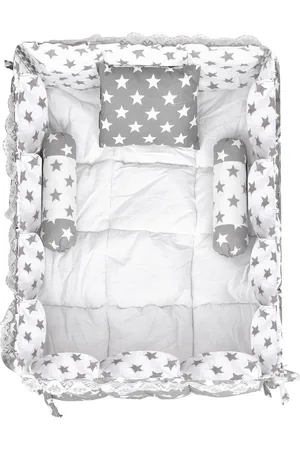 Lorem Infant Kids Grey & White Printed Cotton Mattress Set With Neck Pillow & Bolsters
