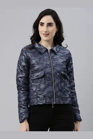 Campus Women Blue Camouflage Windcheater Outdoor Padded Jacket