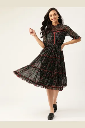 Antheaa Black & Red Floral Print Tiered Midi A-Line Dress