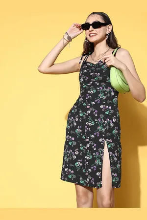 Berrylush Women Black Floral Fluid Tie-Up Dress