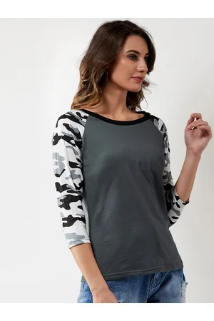 Miss Chase Women Grey White Camouflage Printed Round Neck Pure Cotton T-shirt