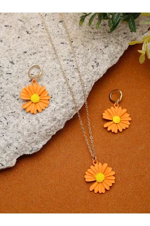 Celena Cole Gold-Plated Orange & Yellow Floral Shaped Pendant With Chain